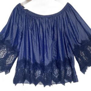 Unique Spectrum Blouse 1X Off Shoulder Lace Trim 3/4 Sleeve Peasant Top Blue